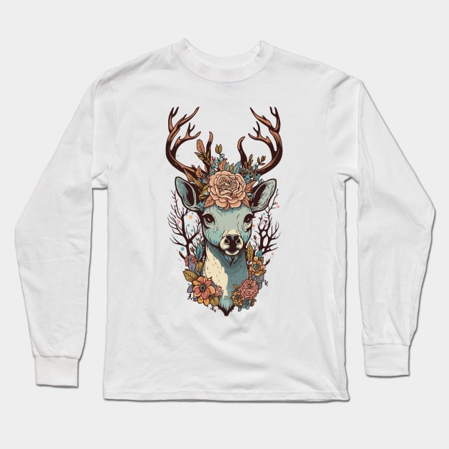 Deer Head Floral Design Long Sleeve T-Shirt by theprintculturecollective
